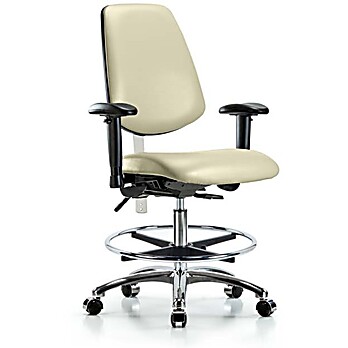 Class 100 Vinyl Clean Room Chair - Medium Bench Height with Medium Back, Seat Tilt, Adjustable Arms, Chrome Foot Ring, & Casters
