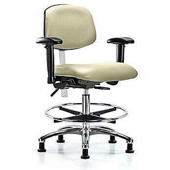 Class 100 Vinyl Clean Room Chair - Medium Bench Height with Seat Tilt, Adjustable Arms, Chrome Foot Ring, & Stationary Glides