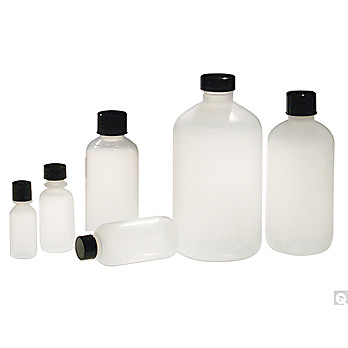 Natural LDPE Boston Round Bottles with Black Phenolic Polyseal™ Cone Caps