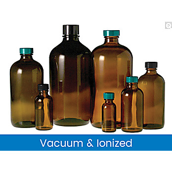 Vacuum & Ionized Amber Boston Round Bottles with Black Phenolic Pulp/Vinyl Caps 