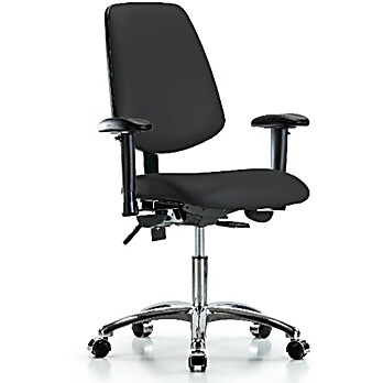 Vinyl Chair Chrome - Desk Height with Medium Back, Seat Tilt, Adjustable Arms, & Casters in Black Trailblazer Vinyl