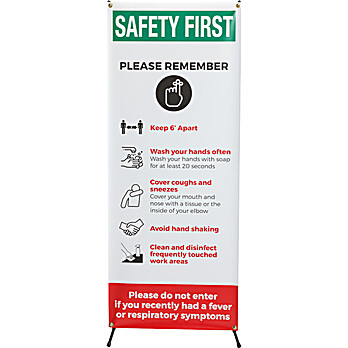 Safety First Social Distancing Banner Sign Vinyl 60 in H x 24 in W BK on WH