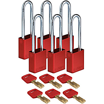 Standard SafeKey Lockout Anodized Aluminum Padlock 3 in Steel Shackle KA Red 6PK