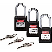 Standard Key Retaining Lockout Nylon Padlock 1.5 in Steel Shackle KA Black 3PK