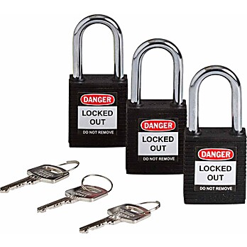 Standard Key Retaining Lockout Nylon Padlock 1.5 in Steel Shackle KA Black 3PK