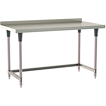 Metro TableWorx Stationary Work Table, Type 304 Stainless Steel Surface With Back Splash, Stainless 3-Sided Frame, Metroseal Gray Posts