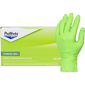 ProWorks® Nitrile Exam, PF, Lime Green, 7 mil Glove