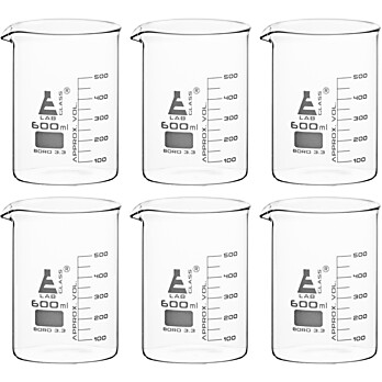 Glass Beakers, 600mL, Low form, PK6