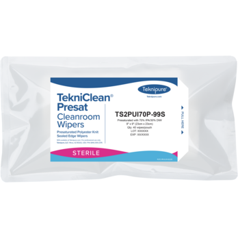 Teknipure TekniClean® Presat Sterile Polyester Knit Cleanroom Wipers with Sealed Edges, 70/30 IPA, 9"x 9"