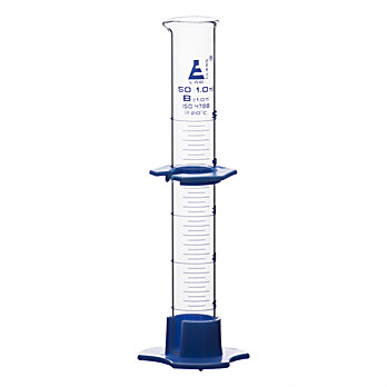 Graduated Cylinder, 50mL, Class B, Detachable, Plastic Hexagonal Base & Protective Collar, Blue Graduations, Borosilicate Glass