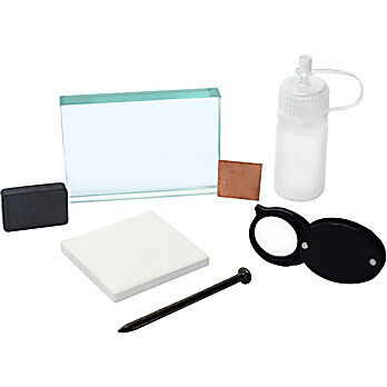 Mineral ID Test Kit, Includes Streak Plate, Glass Plate, Dropper Bottle, Magnet, Nail, Copper Square, Hand Lens