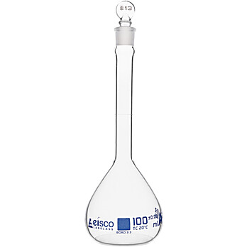 Volumetric Flask, 100ml, Class A, ASTM, Tolerance ±0.080 ml, Glass Stopper,  Single, Blue Graduation