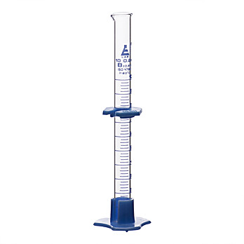 Graduated Cylinder, 10mL, Class B, Detachable, Plastic Hexagonal Base & Protective Collar, Blue Graduations, Borosilicate Glass