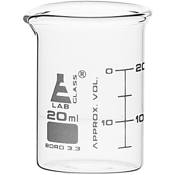 Glass Beaker, 20ml, ASTM, Dual Scale, PK/12