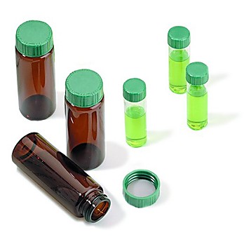 Vials, screw top with solid green Melamine cap with PTFE liner, preassembled