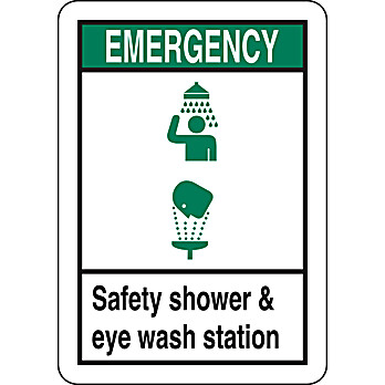 EMERGENCY Safety Shower & Eye Wash Station Sign, 10" H x 7" W x 0.035" D, Aluminum