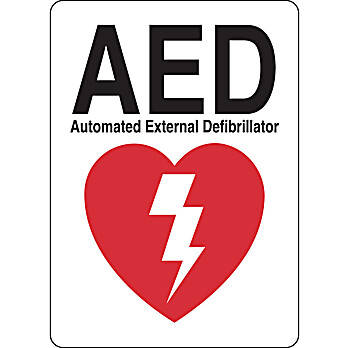 AED Automated External Defibrillator Sign, 14" H x 10" W x 0.06" D, Red on White