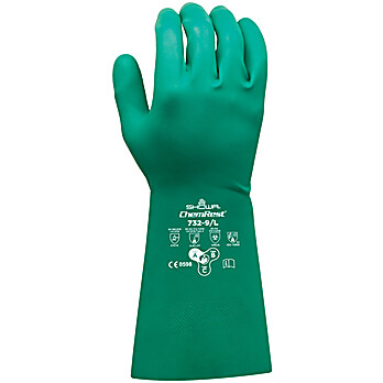 Chemical Resistant Green Nitrile Gloves, 15 mil, Flock Lined