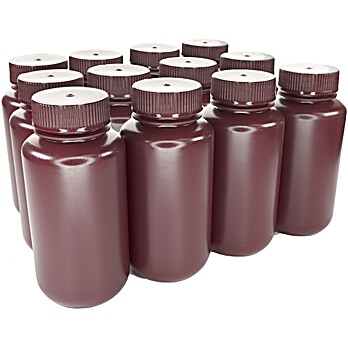 Amber HDPE Wide Mouth Bottles with Polypropylene Caps, Sterile