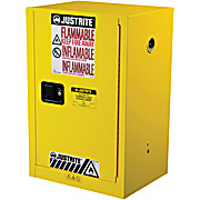 Justrite Flammable Safety Cabinet, 12 Gal., Yellow. 1 shelf 35"H X 23 1/4" W X 18"D.
