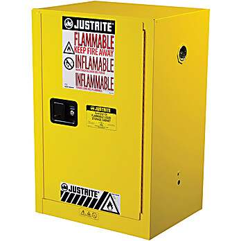 Justrite Flammable Safety Cabinet, 12 Gal., Yellow. 1 shelf 35"H X 23 1/4" W X 18"D.