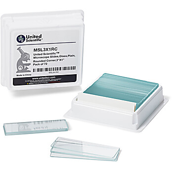 United Scientific® Microscope Slides, Glass, Plain, Rounded Corner, 3" X 1", Pk/72