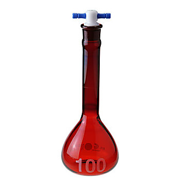 Flasks, Volumetric, Red Stained, Class A, Wide Mouths, Heavy Duty, Heavy Wall, Large Numbers, Flat Bottoms, PTFE Stoppers
