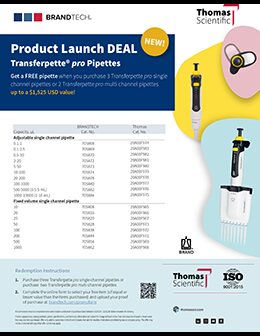 Get a FREE pipette when you purchase 3 Transferpette pro single channel pipettes or 2 Transferpette pro multi channel pipettes up to a $1,525 USD value!