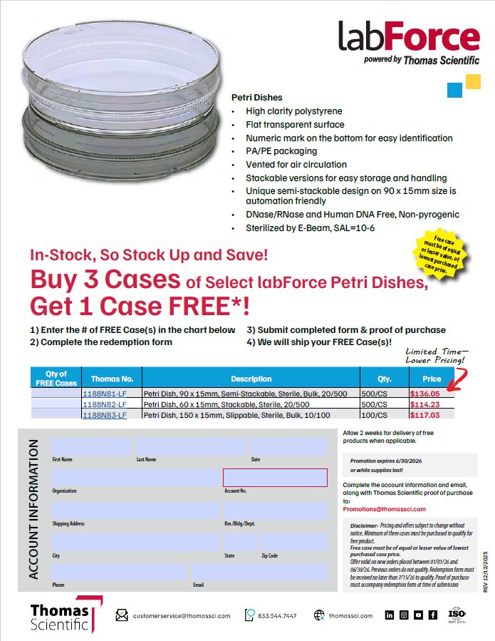 Buy 3 Cases of Select labForce Petri Dishes, Get 1 Case FREE*!